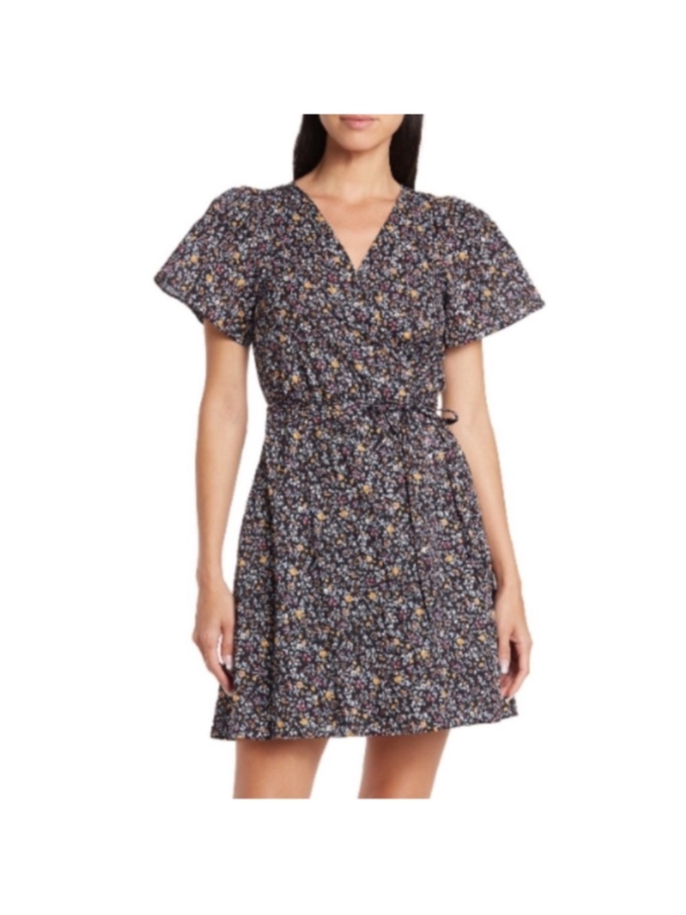 Madewell, floral V-Neck Short Sleeve Wrap dress black, Yellow,pink,white Flowers
